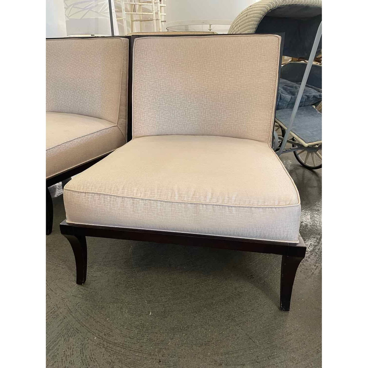 PAIR of Beige Upholstered Castel Slipper Chairs on Walnut Bases by Baker (AS IS)