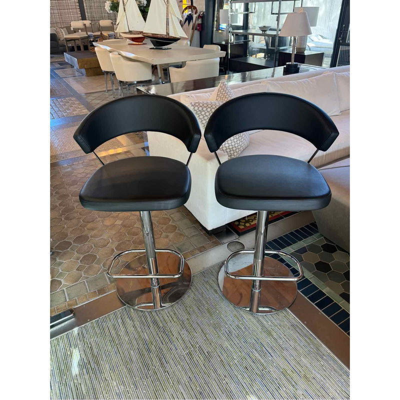 Pair of Black Leather & Chrome Bar Stools by Calligaris