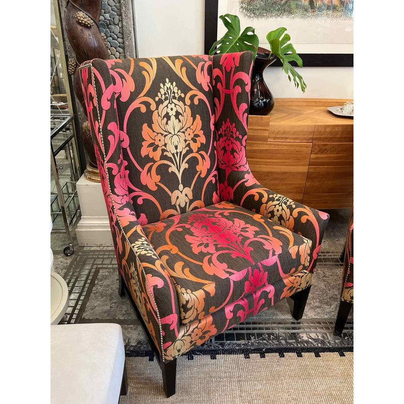 Pair of Wing Chairs in Chocolate and Flame Damask & Nail Head Trim