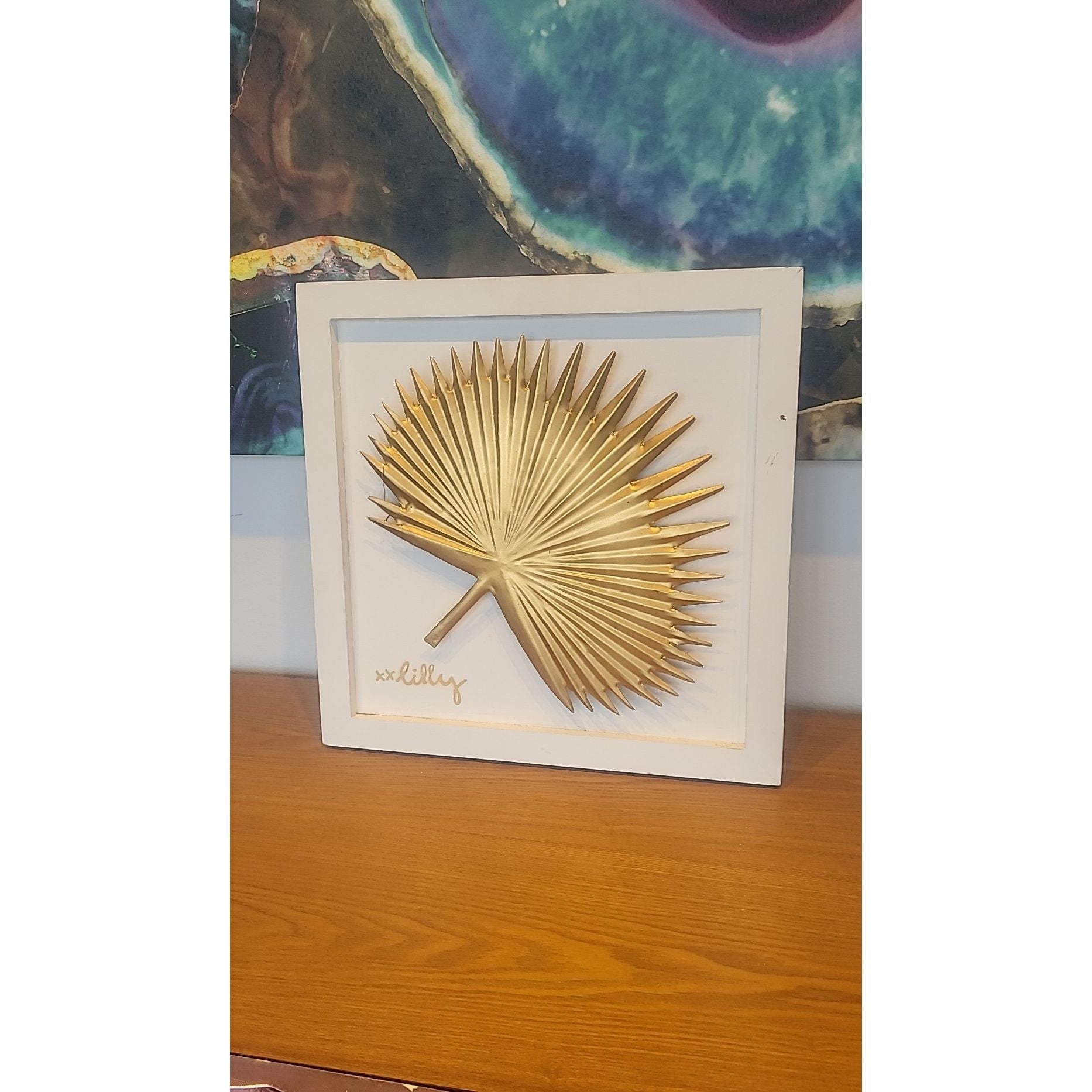 Gold Palm Frond on White Wood Frame Wall Art