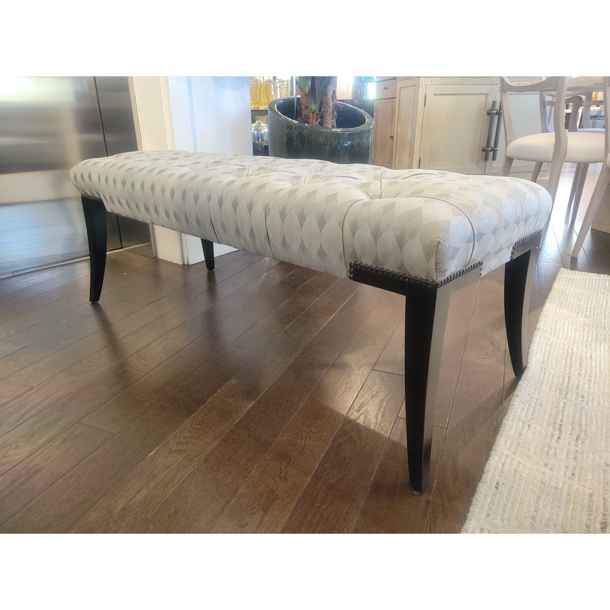 Adam Tufted Gray Diamonds Bench w/ Brass Nailhead Trim & Maple Legs by Baker - colletteconsignment.com