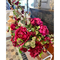 F23-BUPNYDHAL.GLS Burgundy Peonies and Dahlias in Glass Vase
