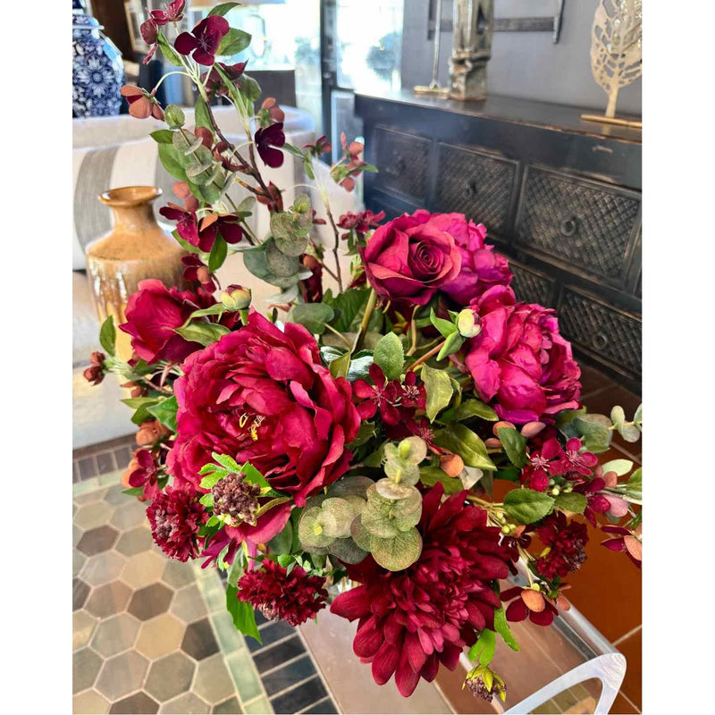 F23-BUPNYDHAL.GLS Burgundy Peonies and Dahlias in Glass Vase