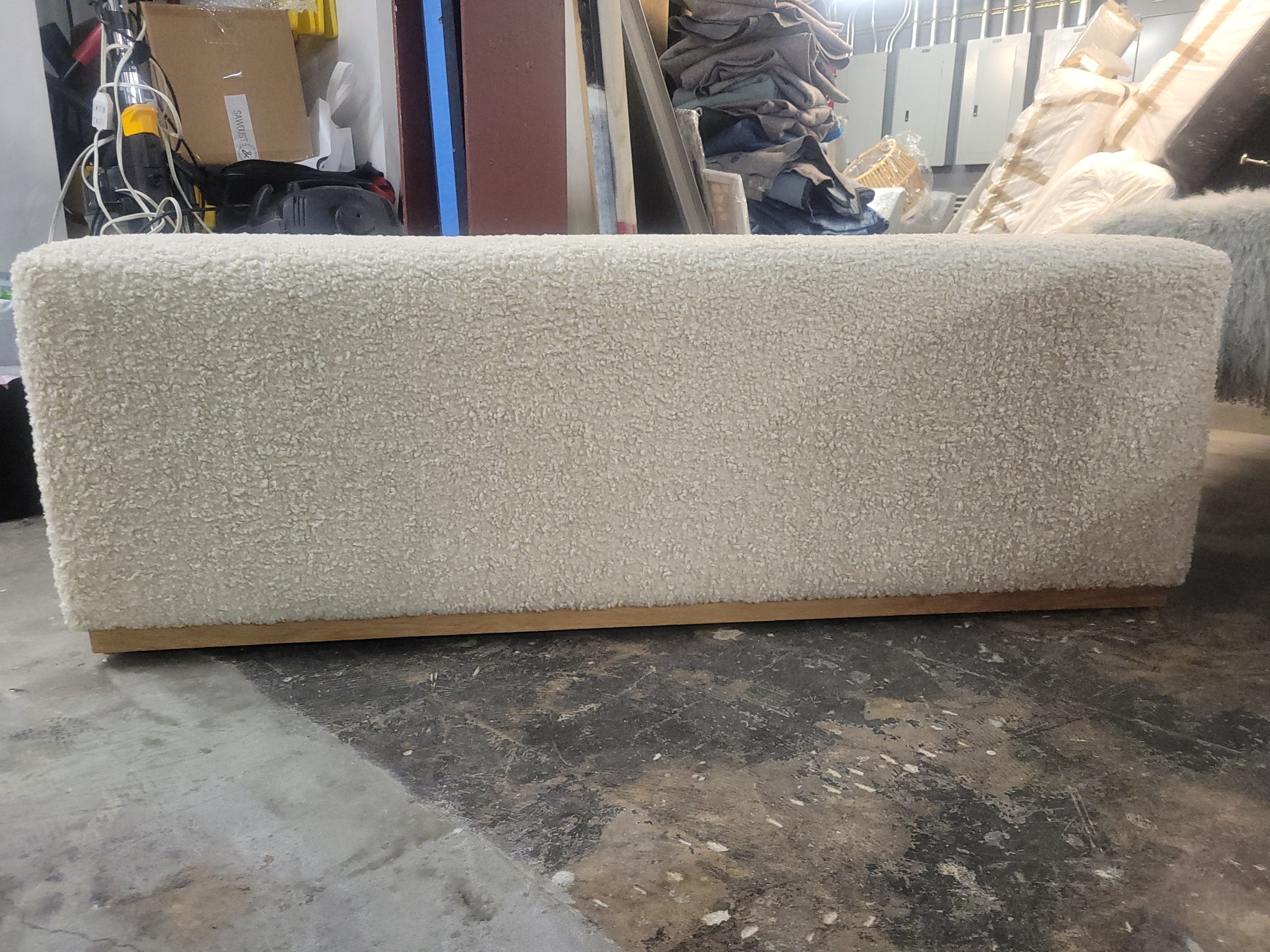 White Sheepskin Block Bench on Oak Base
