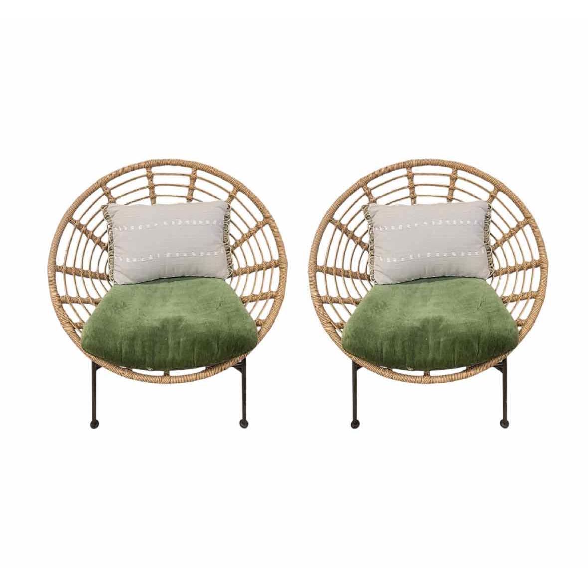 PAIR of Wicker Lounge Chairs w/ Holly Hunt Fabric Cushions