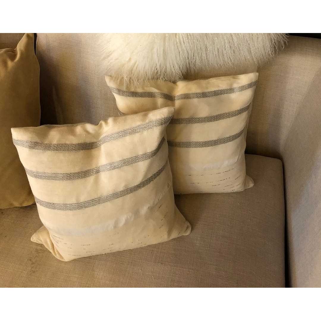 PAIR of Gray Striped Beige Square Pillows - colletteconsignment.com