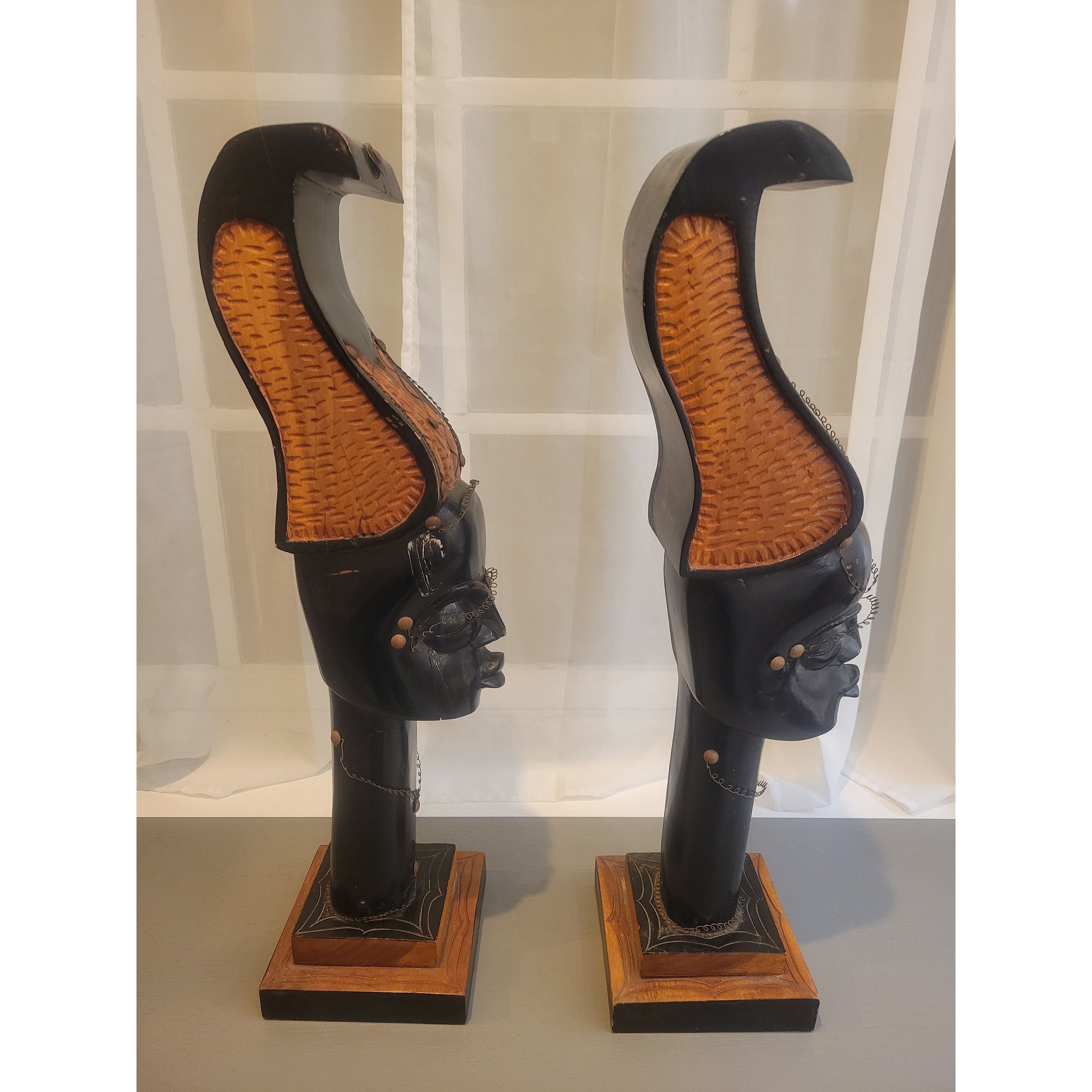 PAIR of African Carved Wood Head Sculptures