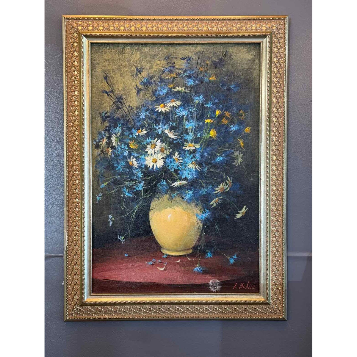 Blue Floral Still Life Oil Painting by L. Bobich in Gold Tone Frame
