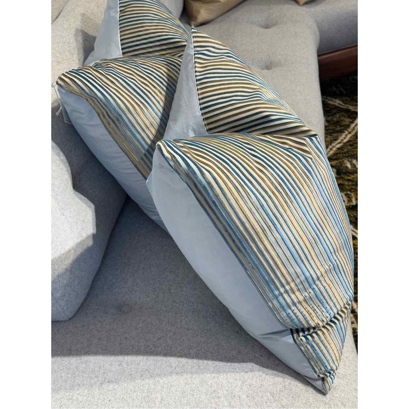 Pair of Blue & Gold Stripe Velvet Square Pillows