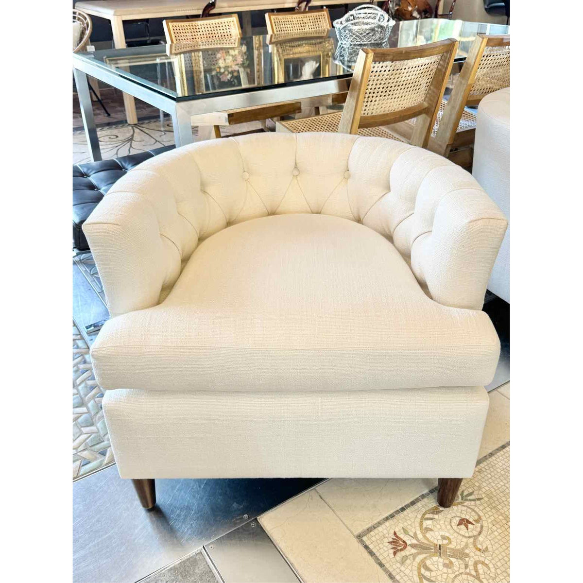 PAIR of Custom Beige Tufted Club Chairs w/ Dark Wood Legs