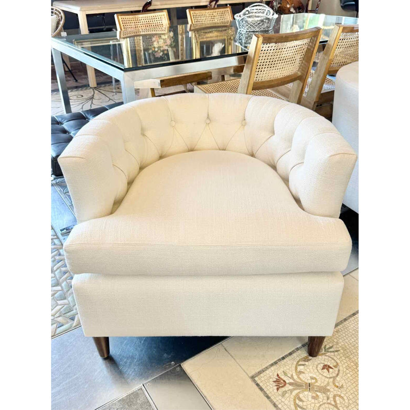 PAIR of Custom Beige Tufted Club Chairs w/ Dark Wood Legs