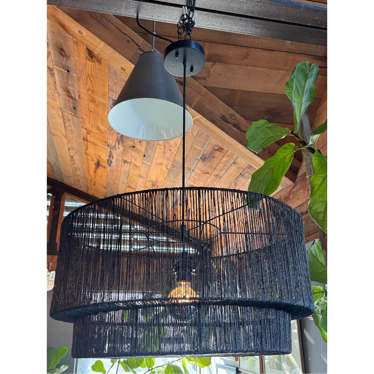 'Renata' 2-Tier Open Weave Black Paper Shade Pendant Light by GrandinRoad - colletteconsignment.com