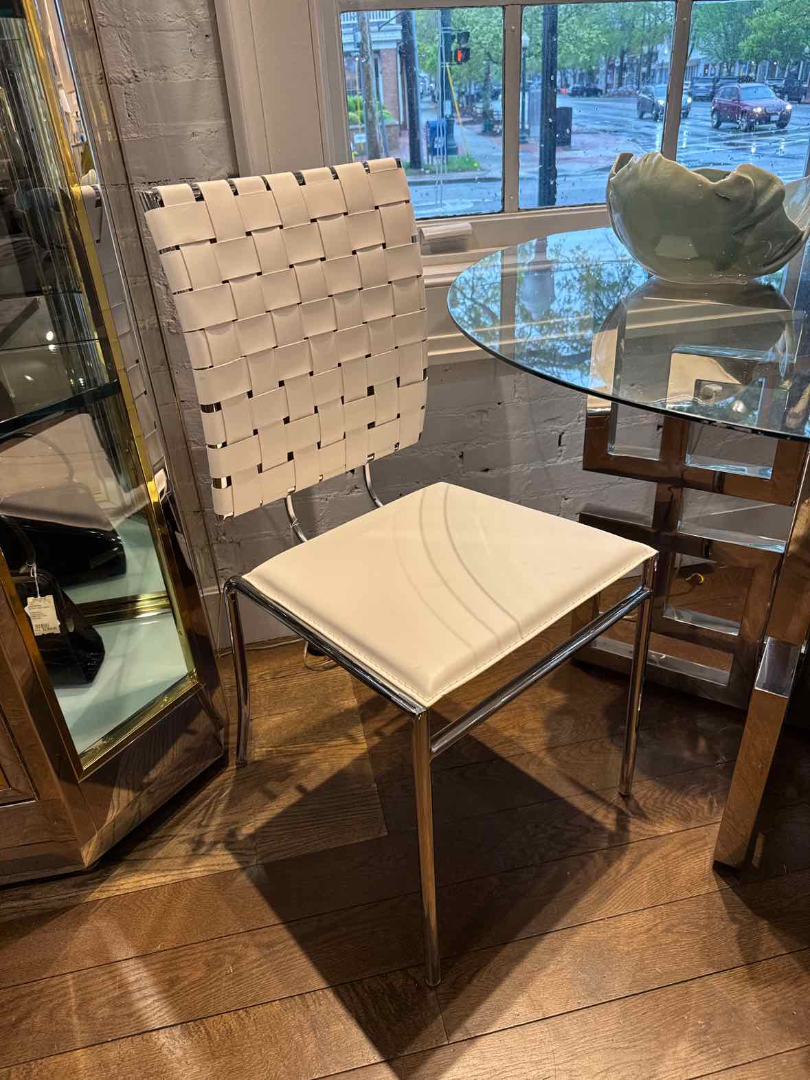 Pair of Faux Leather Woven Back Chair in White with/ Chrome Steel Frame 17"W x 2
