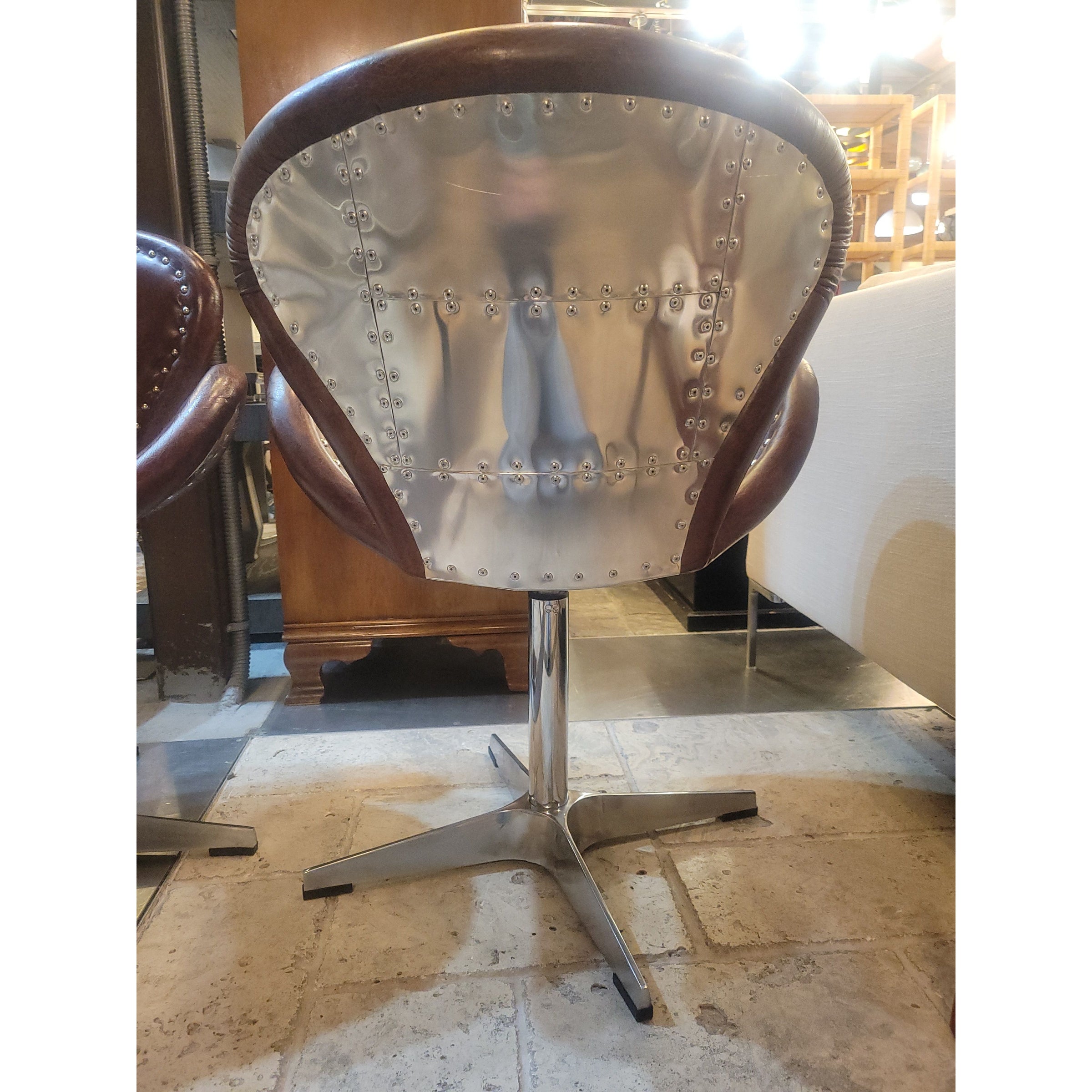PAIR of Timothy Oulton Devon Style Brown Leather & Steel Swivel Chairs
