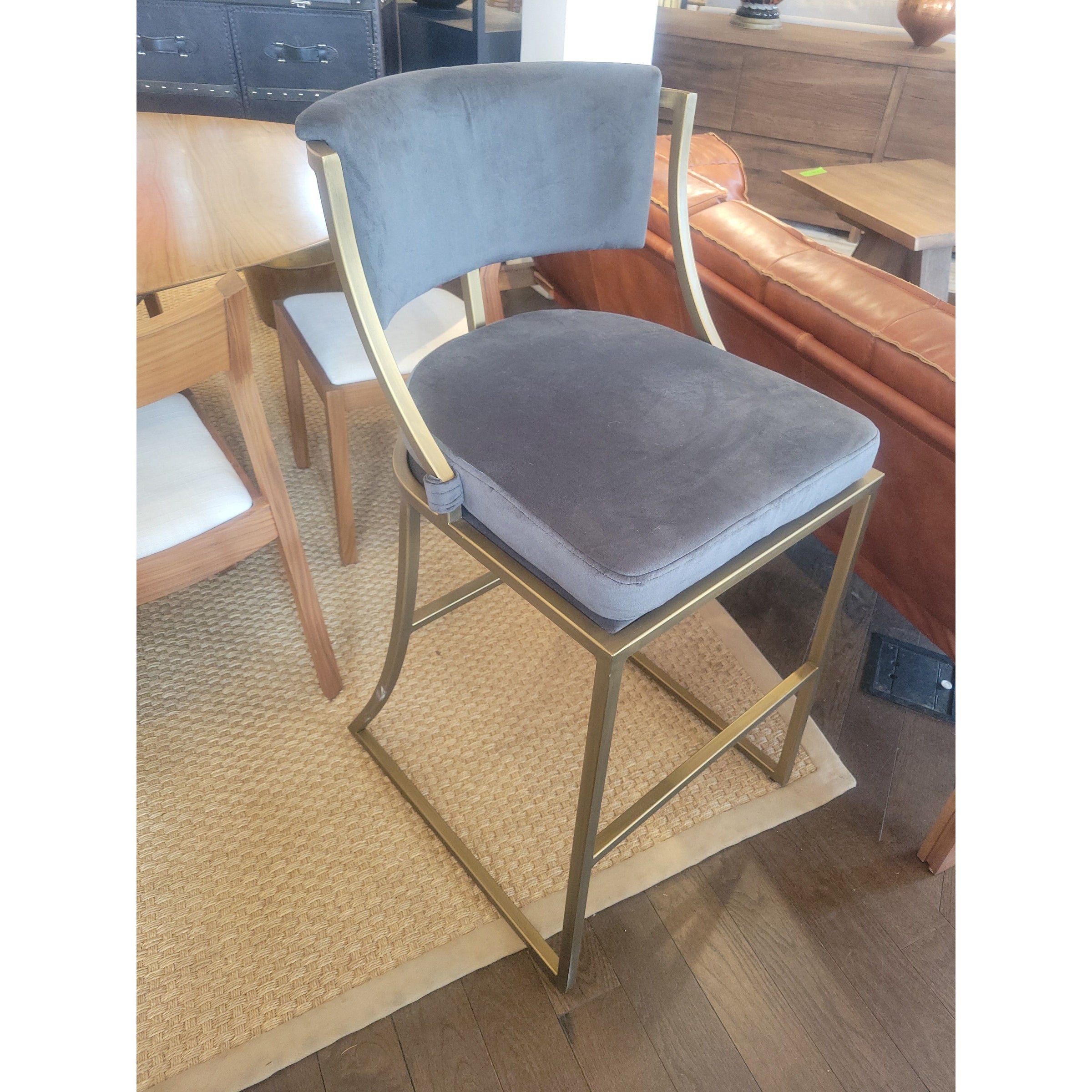 PAIR of Gray Velvet Bar Stools on Brass Bases by Ballard Designs