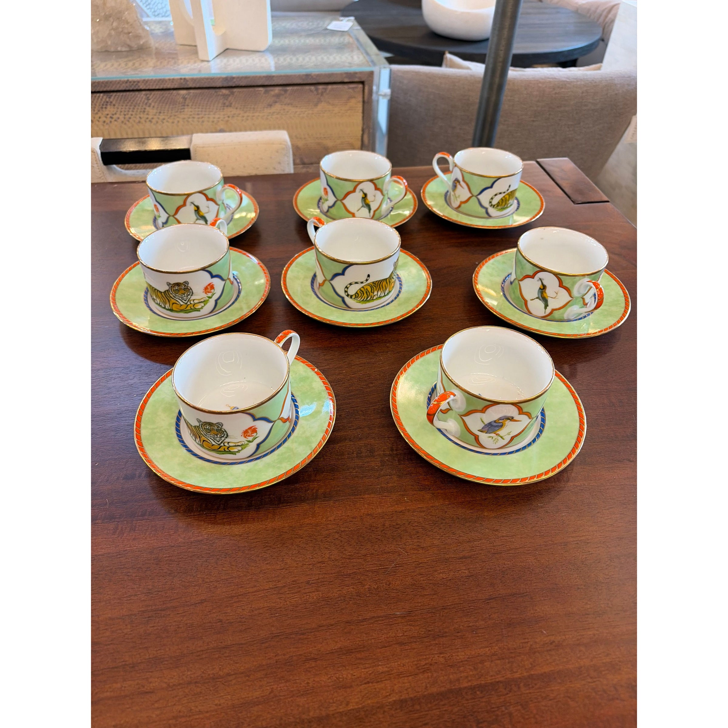 Set of 8 Tiger Raj 24K Gold Flat Cups w/ Saucers by Lynn Chase Japan