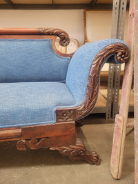 19th C. American Empire Mahogany Scroll-Arm Sofa w/ Blue Upholstery