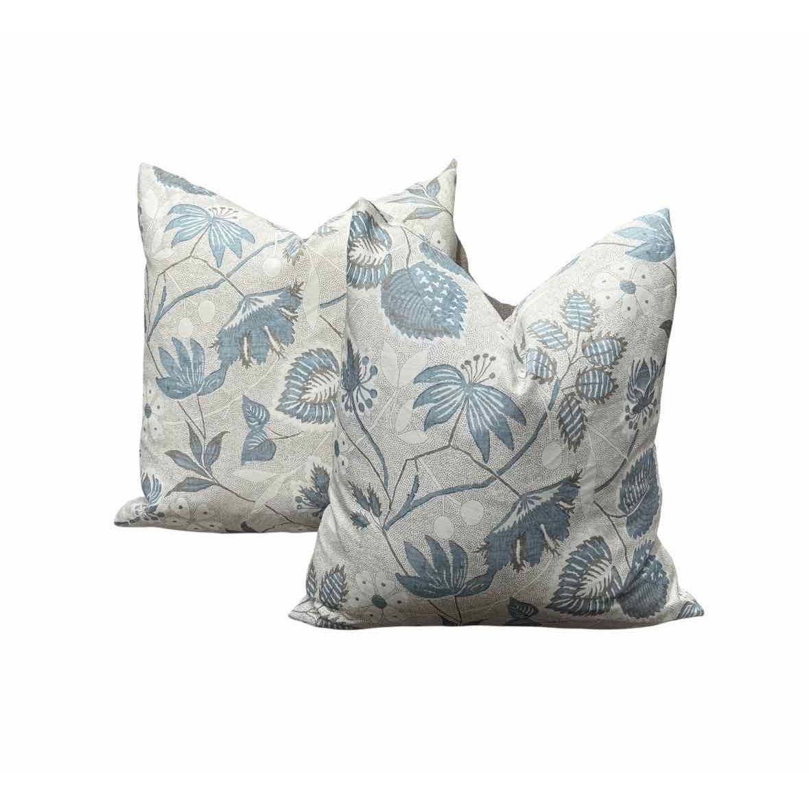 PAIR of Custom Light Blue & Gray Floral Print Square Pillows