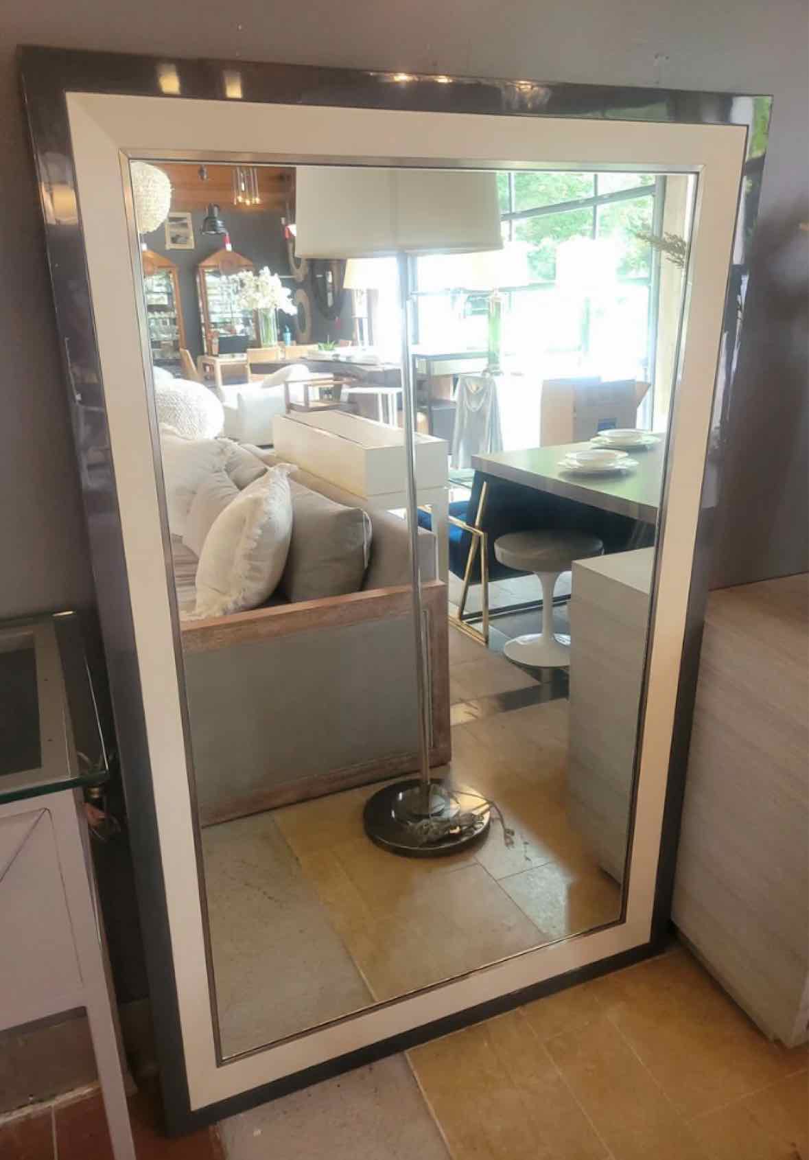 Custom Slate Gray & Beige Lacquered Mirror - colletteconsignment.com