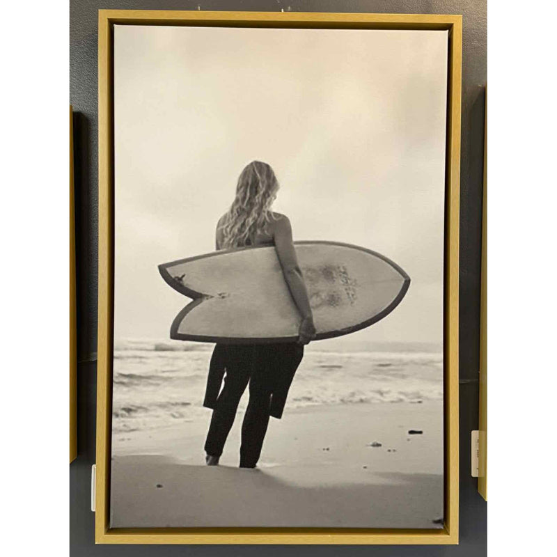 B&W Beach Surfer Photograph on Canvas in Floating Wood Frame