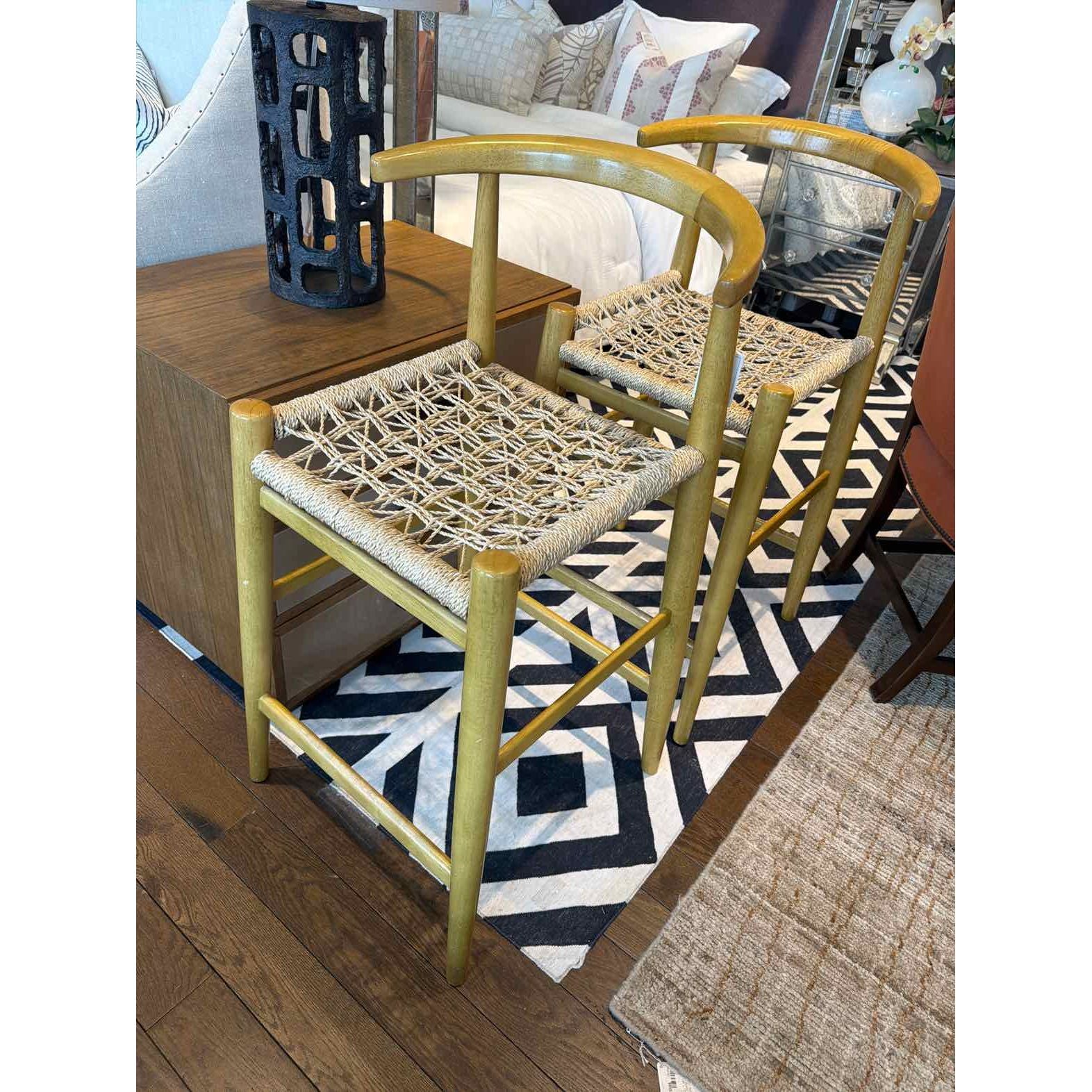 Pair of Vintage Woven Seat Counter Stools 20.5"W x 21"D x38.5"H - colletteconsignment.com