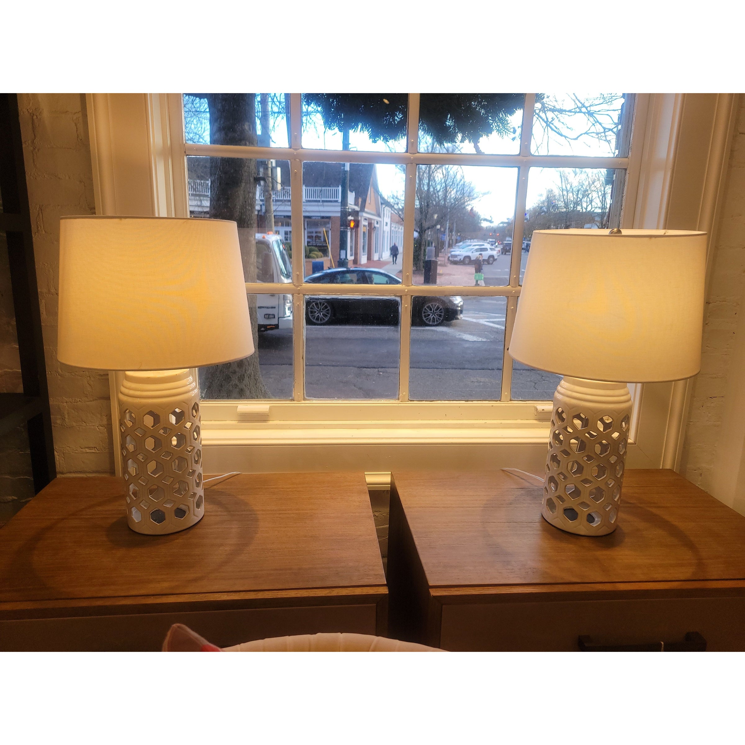 PAIR of White Ceramic Hexagonal Cutout Table Lamps w/ White Shades