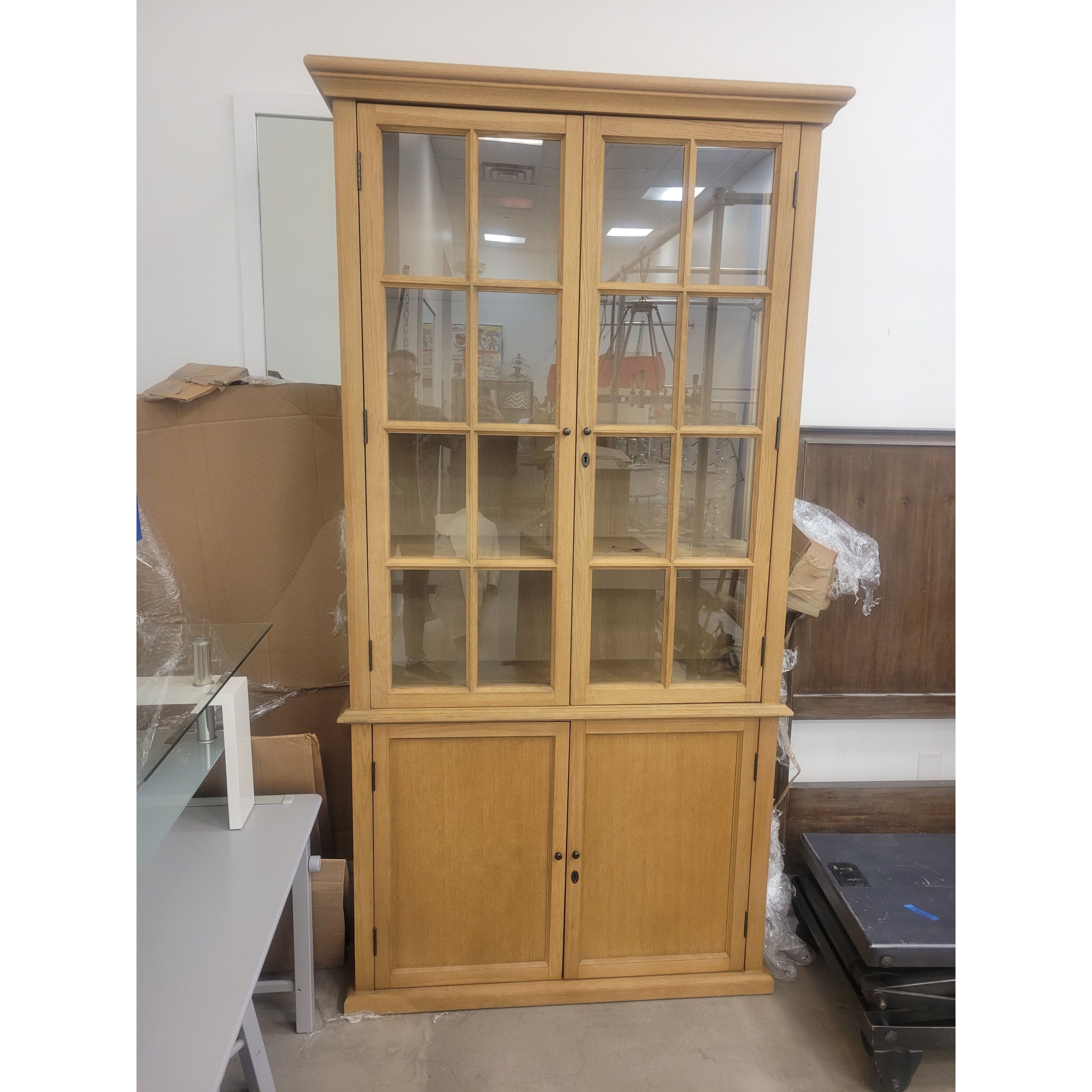 2-Pc Tall Glass Front Wood Hutch Cabinet w/ Keys