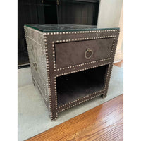 Gray Suede Square Side Table w/ Nailheads & Glass Top by Jonathan Adler