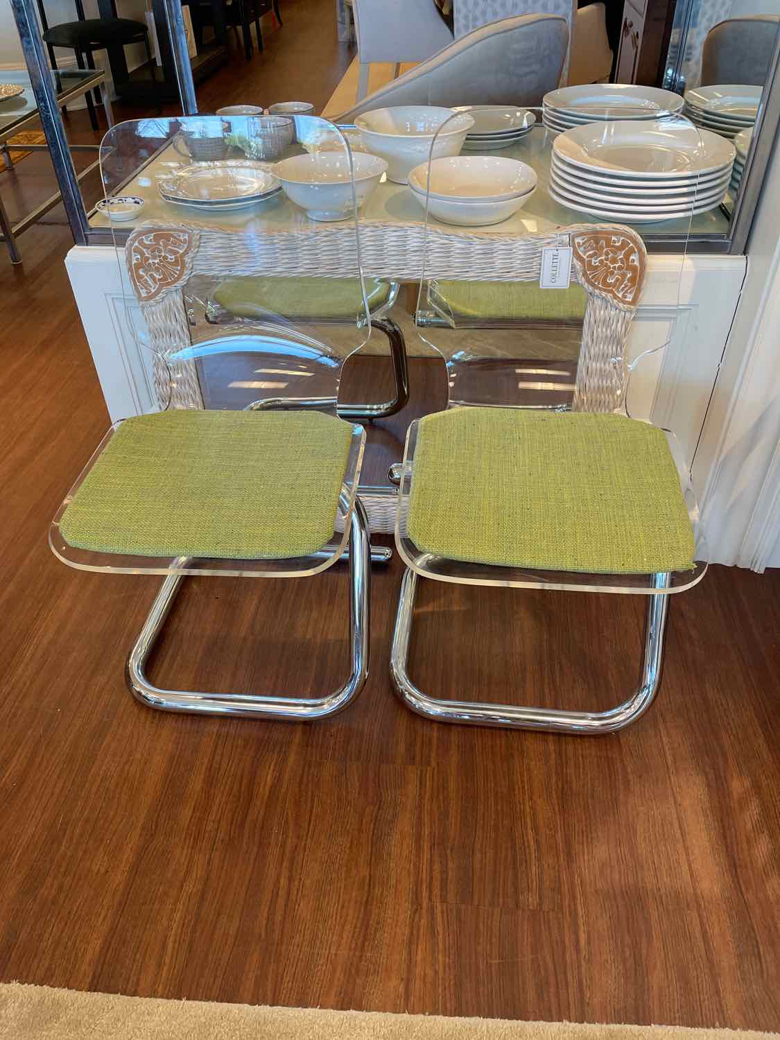PAIR of Mid-Century Lucite & Chrome Chairs w/ Green Seats by Luigi Bardini