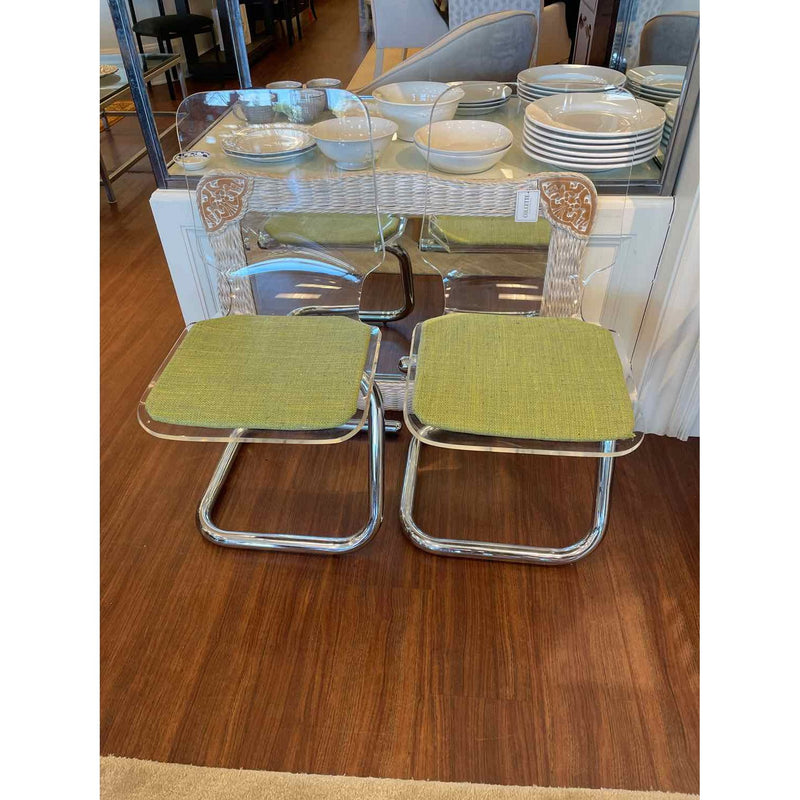 PAIR of Mid-Century Lucite & Chrome Chairs w/ Green Seats by Luigi Bardini - colletteconsignment.com