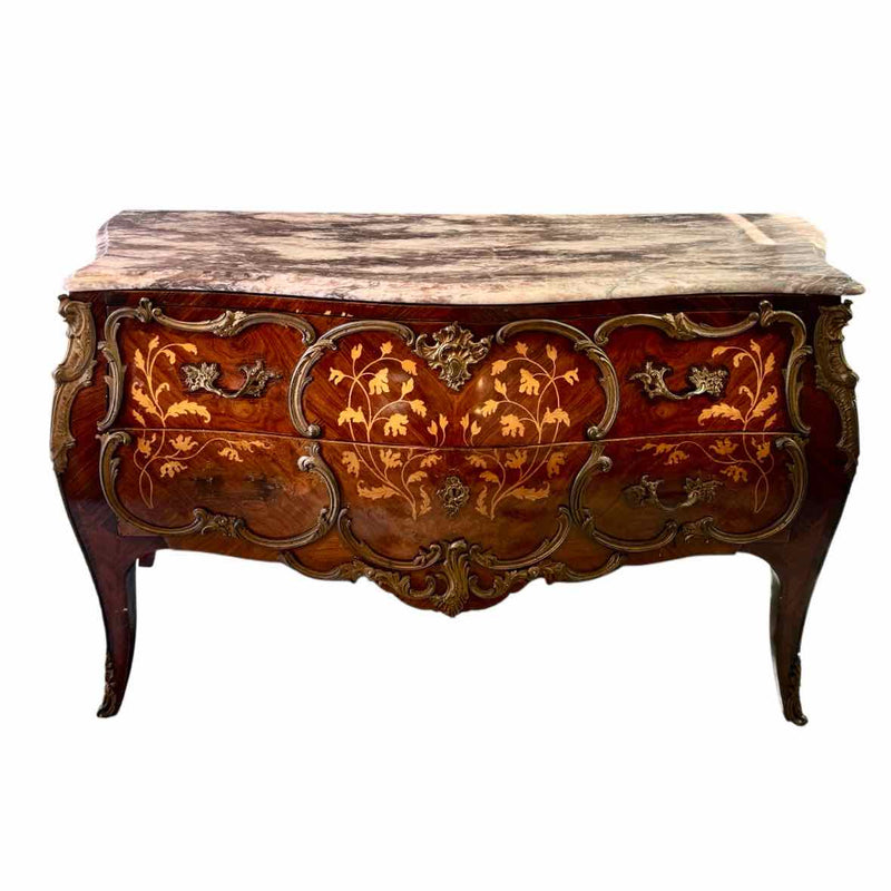 19th C French Marquetry Marble Top Dresser w/ Brass Mounts - AS IS colletteconsignment.com 19th C French Marquetry Marble Top Dresser w/ Brass Mounts - AS IS colletteconsignment.com