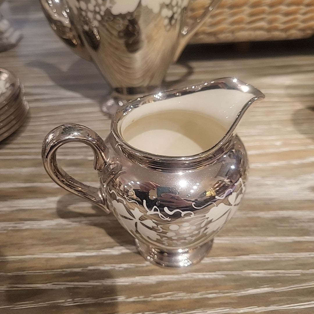 18-Pc Silver Luster & Porcelain Tea or Coffee Set w/ White Grape Design - AS IS