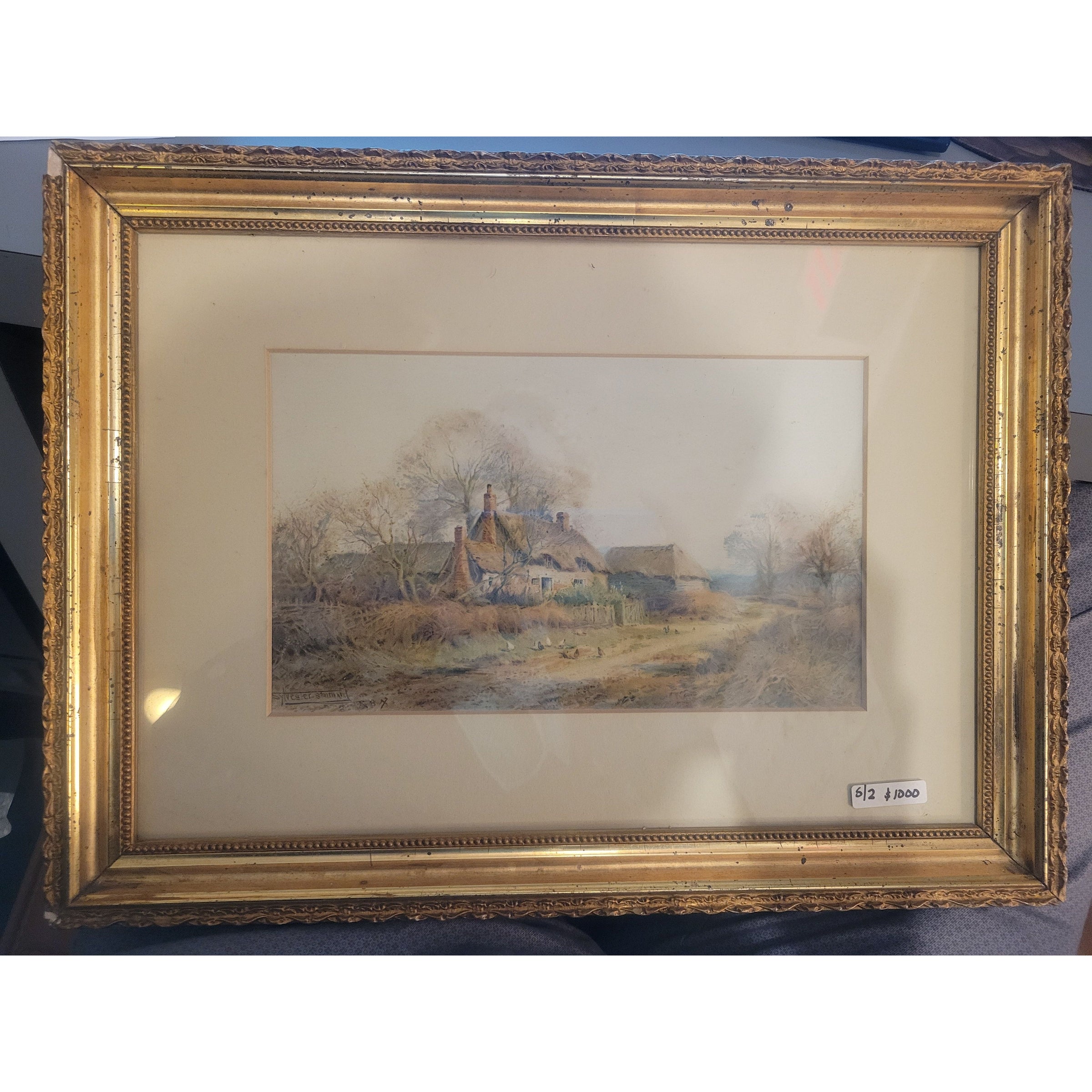 Antique Watercolor Painting by Henry John Sylvester Stannard in Gold Frame