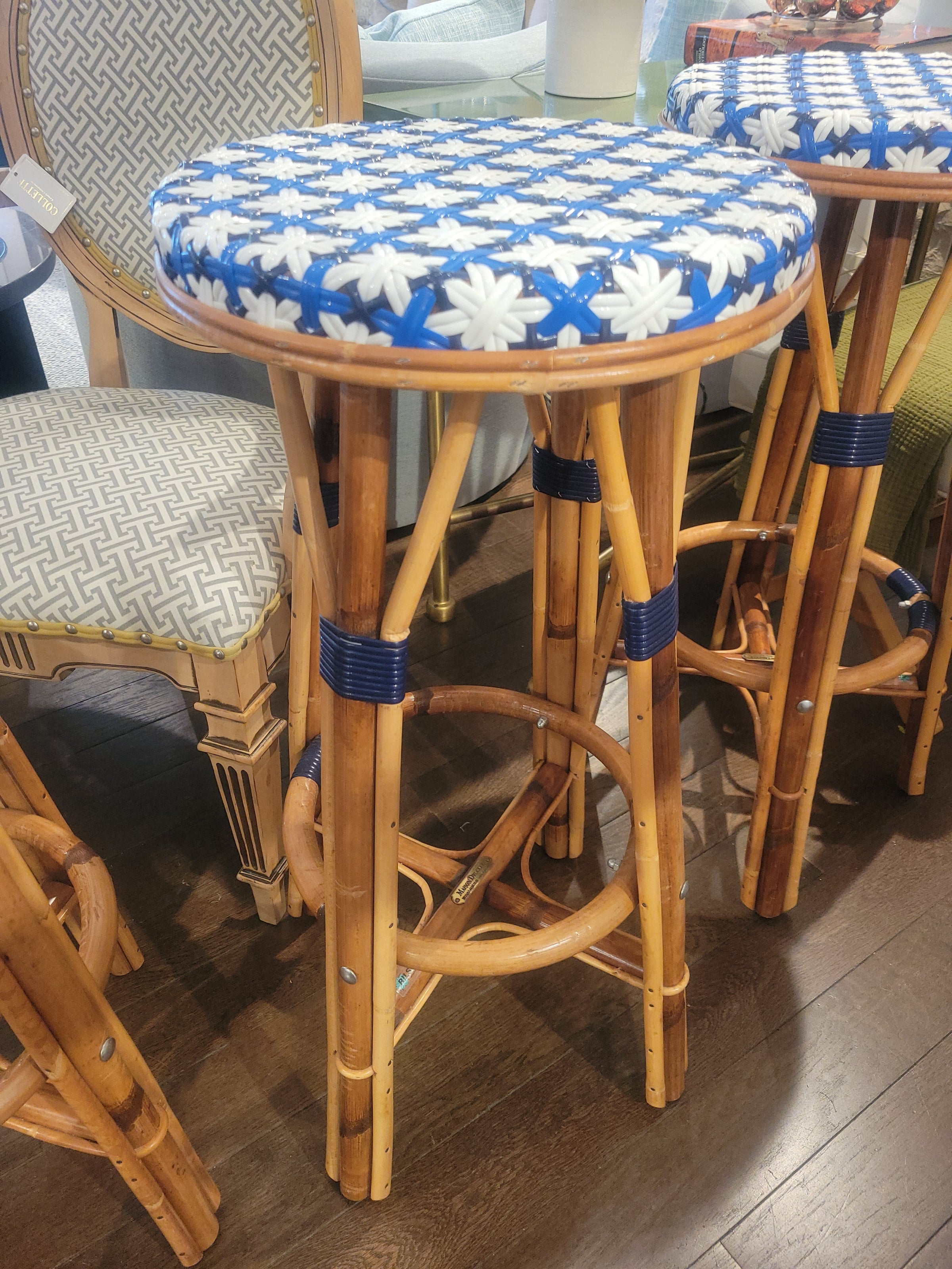 SET of 3 Blue & White Wicker Counter Stools by Maison Drucker