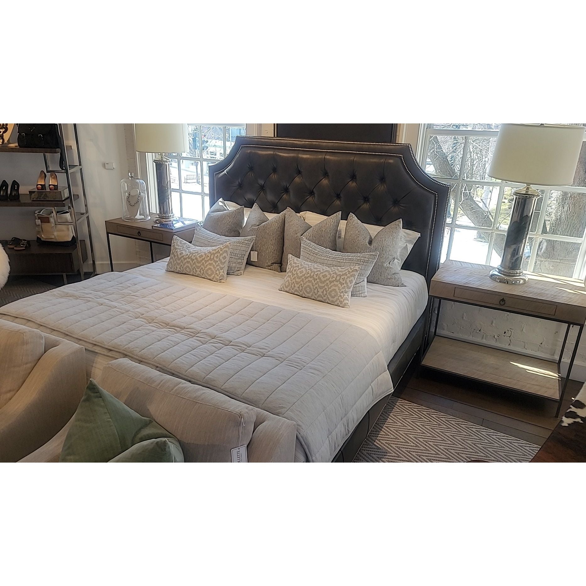 King-Sized 'Lianna' Tufted Charcoal Leather Bed Frame by Ethan Allen