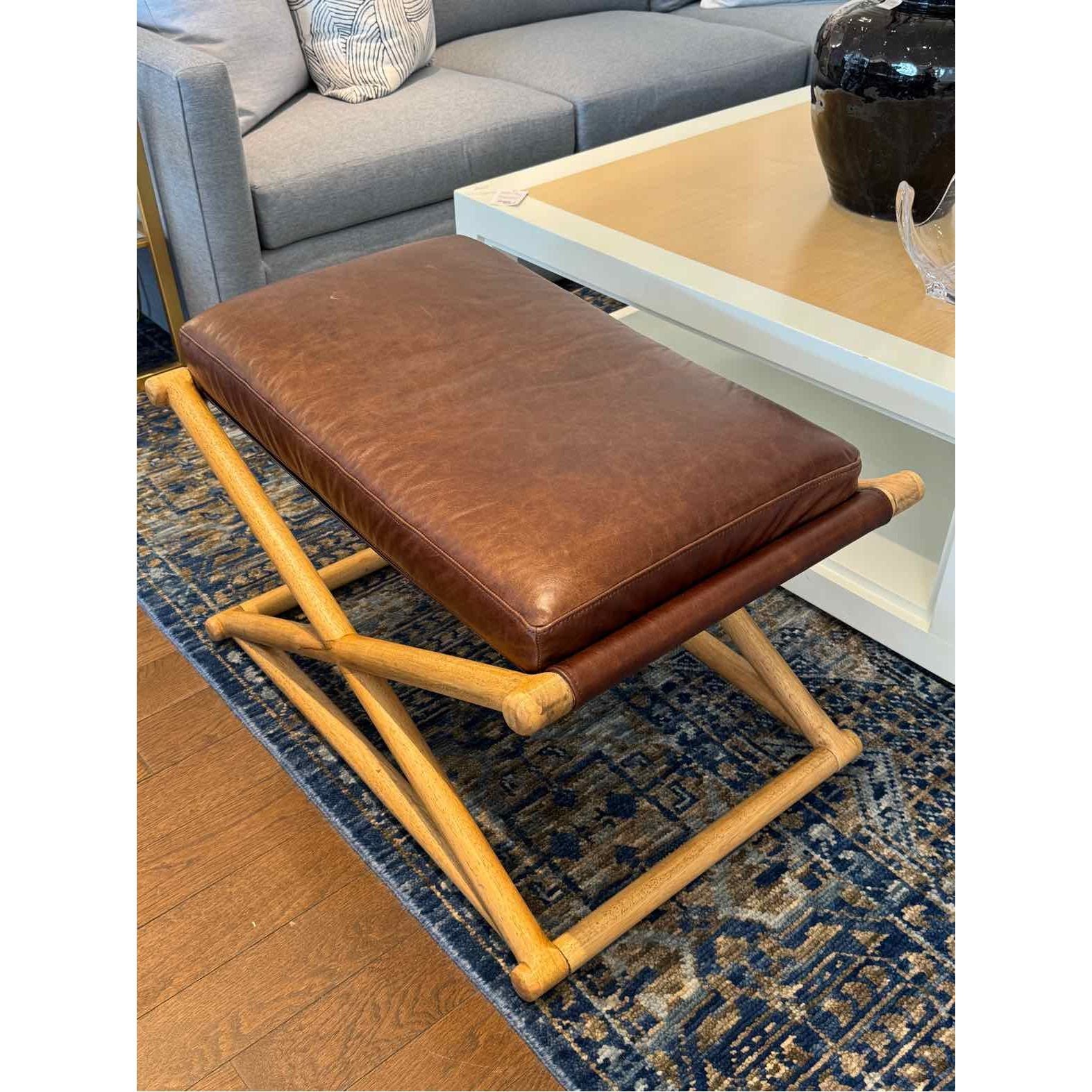 Brown Saddle Leather X Frame Walnut Bench