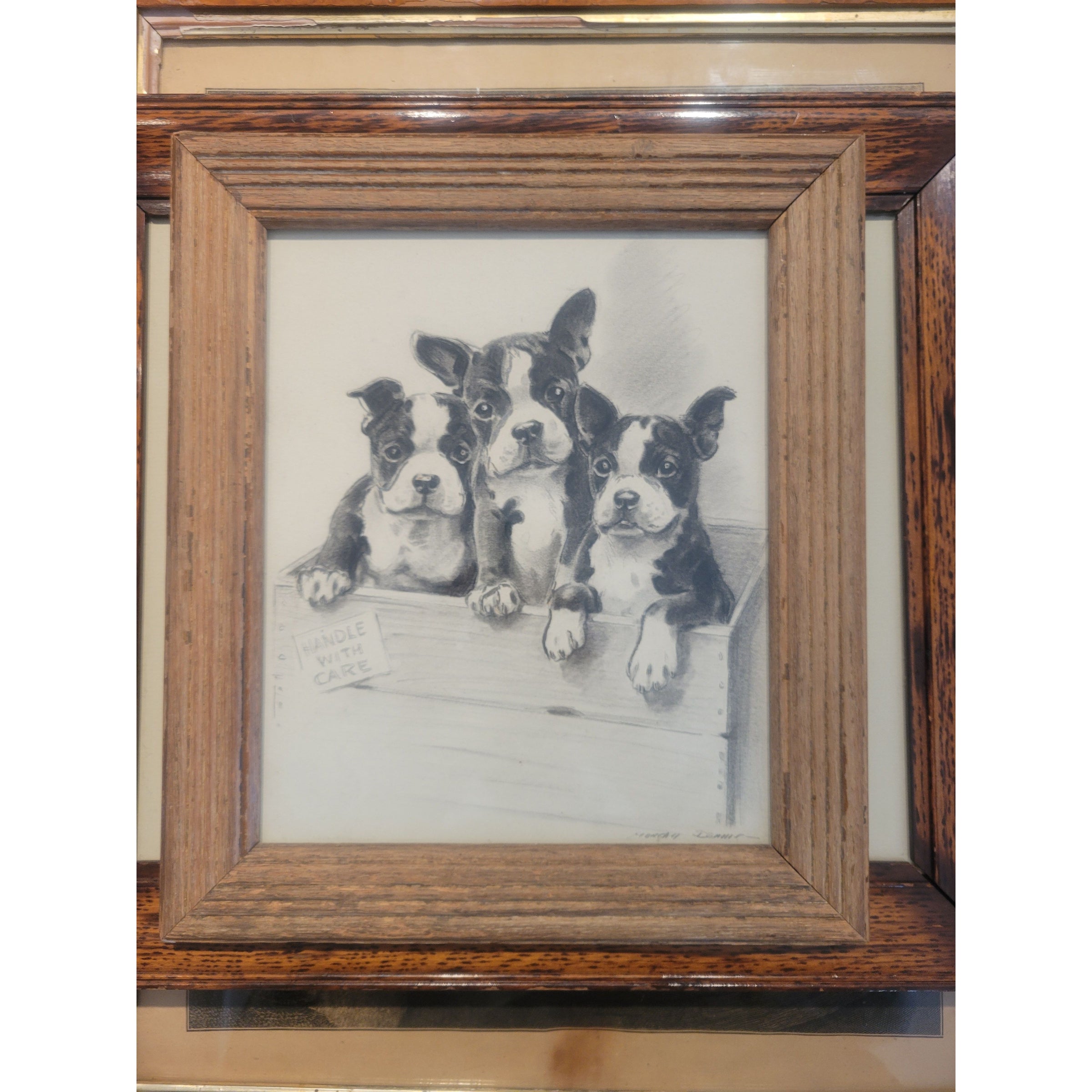 Vintage "Handle with Care" French Bulldogs Print in Wood Frame