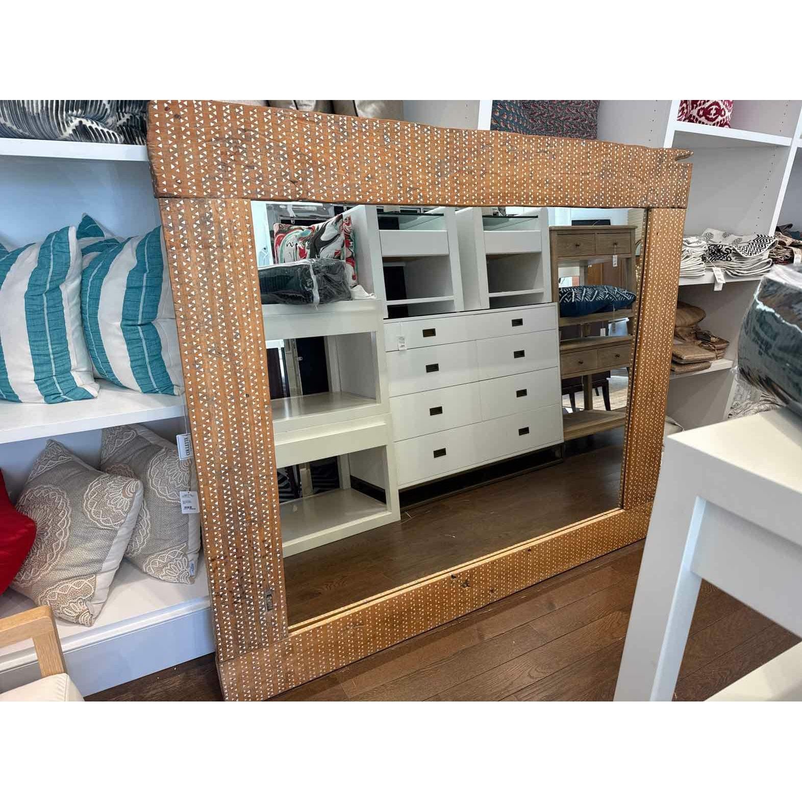 Custom Hand-Made Mother of Pearl inlay Aged Teak Wood Frame Mirror by Andrianna