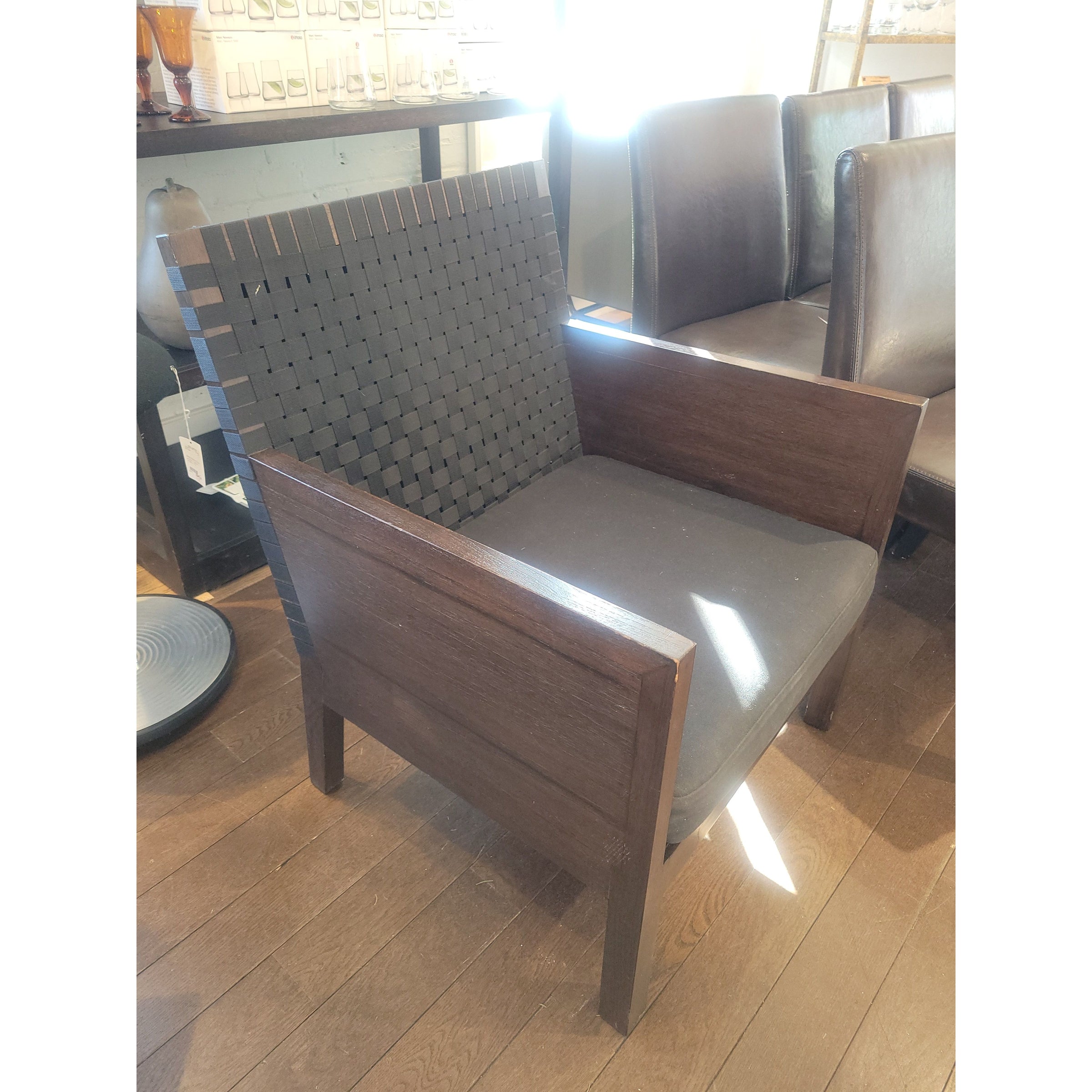 Dark Wood Angular Chair w/ Black Mesh Back - colletteconsignment.com