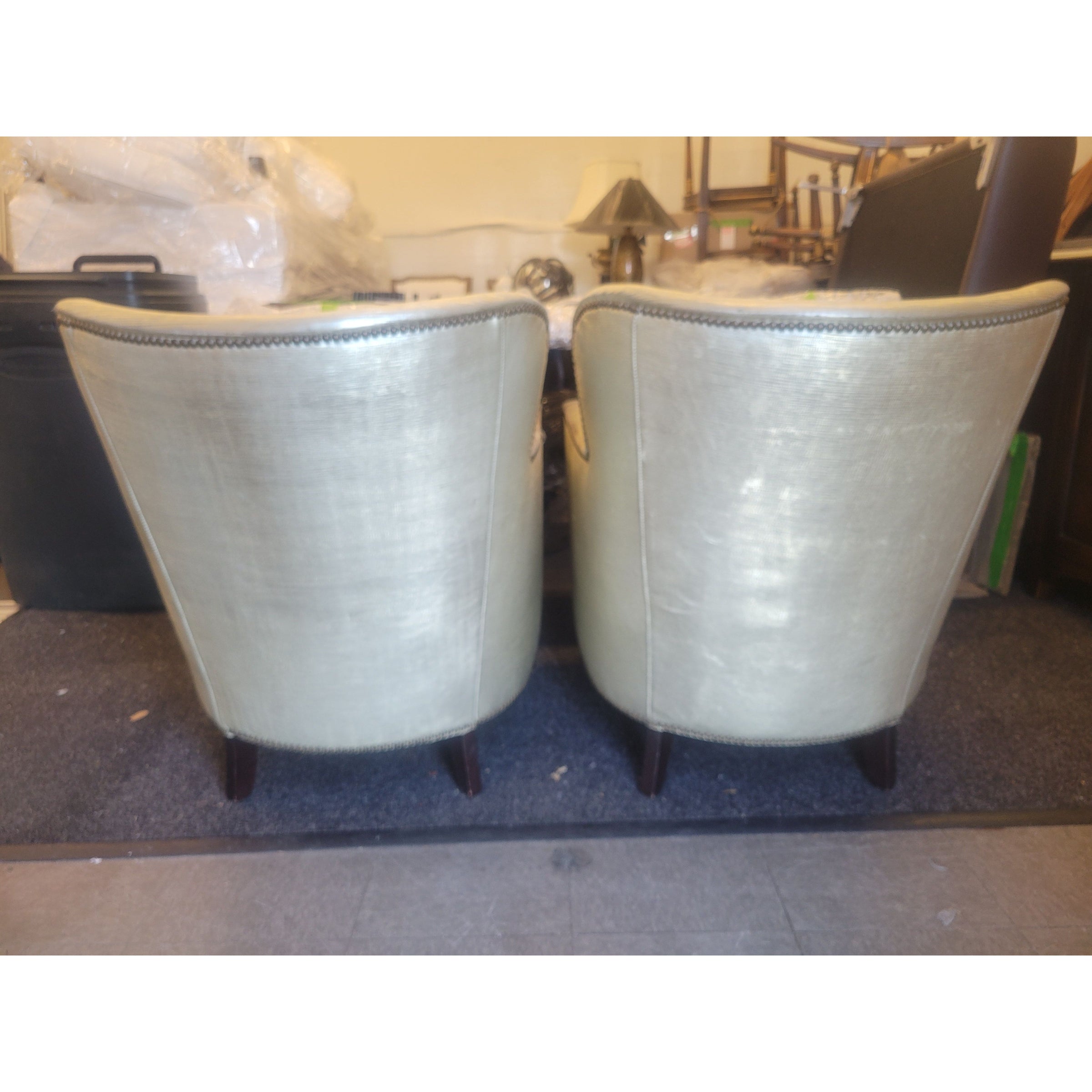 PAIR of Gold Fabric Nailhead Arm Chairs by Lee Industries (AS IS) - colletteconsignment.com