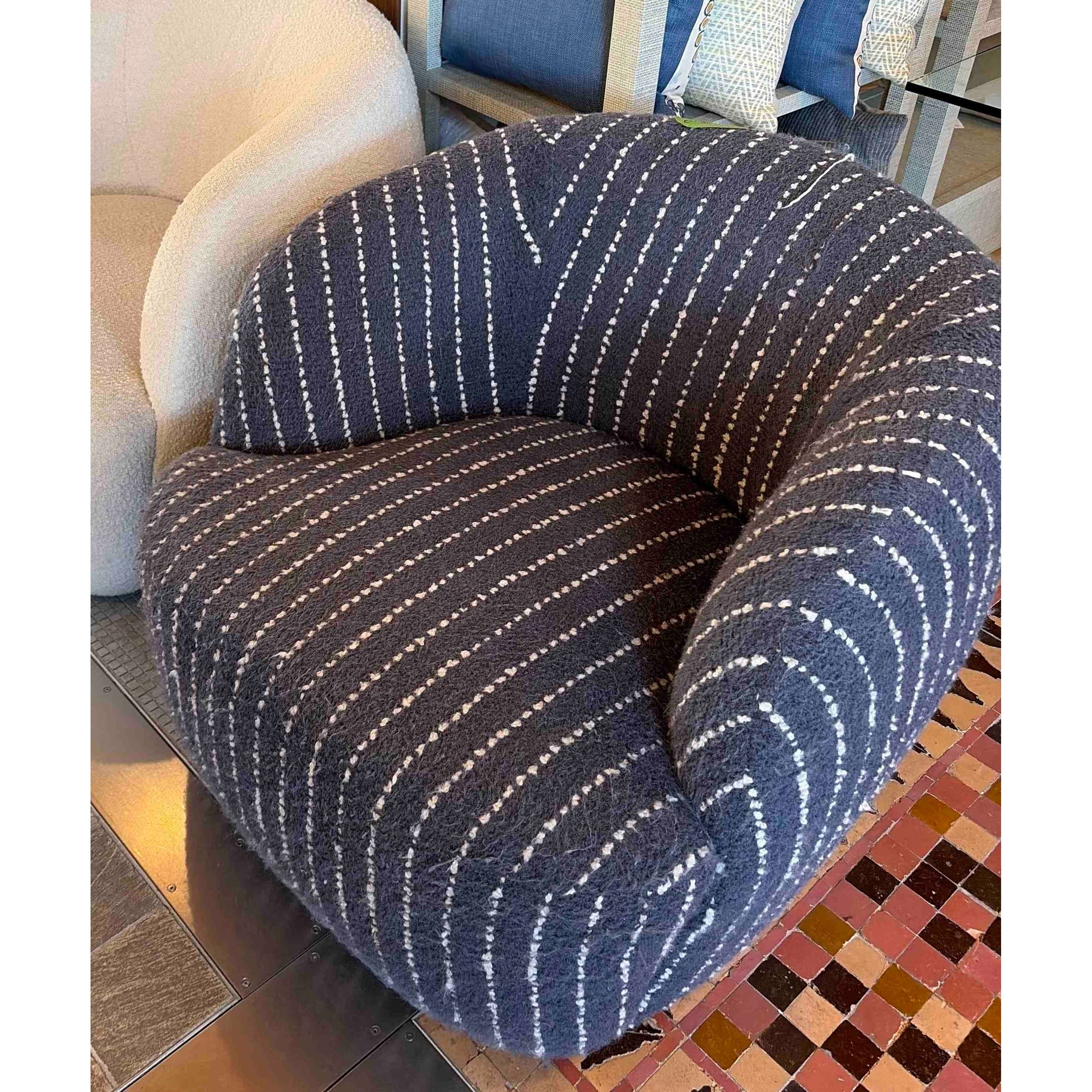 Custom Striped Navy Barrel Back Swivel Chair by Goop (AS IS)