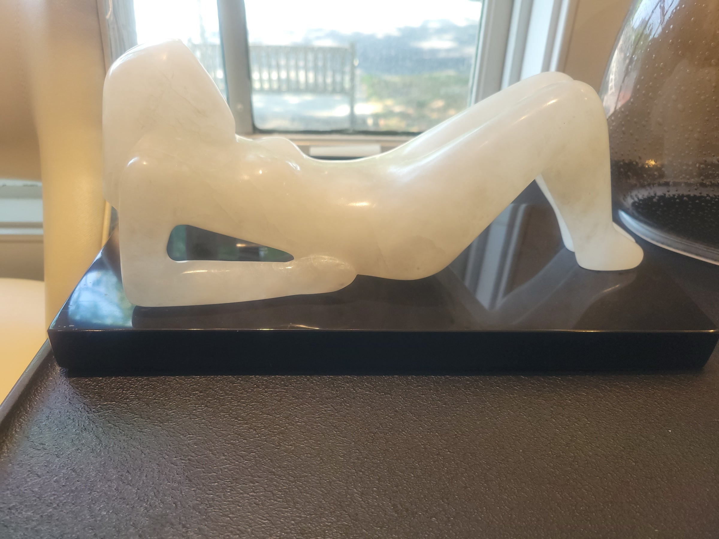 'Relaxing Girl' White Alabaster Sculpture on Marble Base by Robert L. Hooke