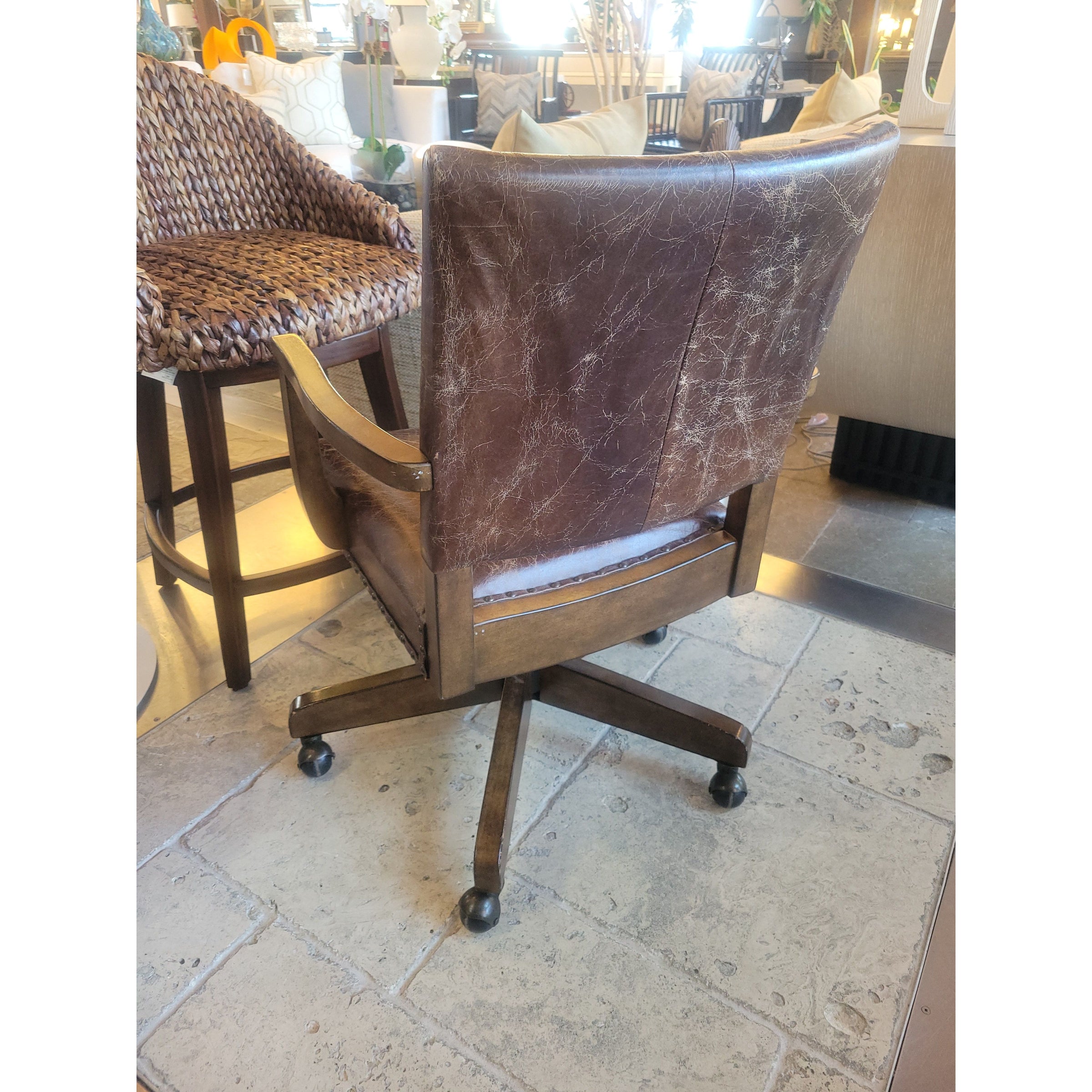 Brown Leather & Nailheads Rolling Swivel Desk Chair