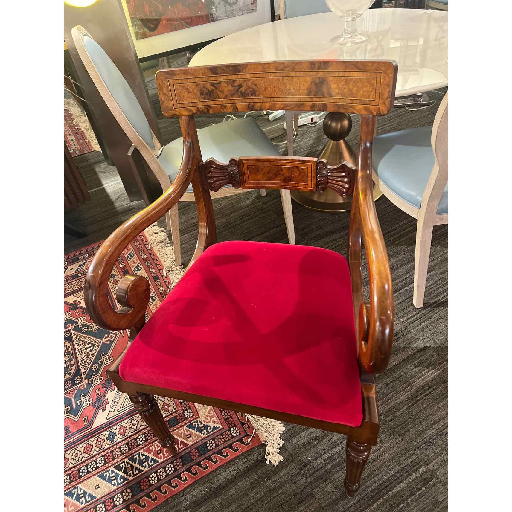 Regency Style Italian Wood King Arm Chair w/ Red Velvet & Cane