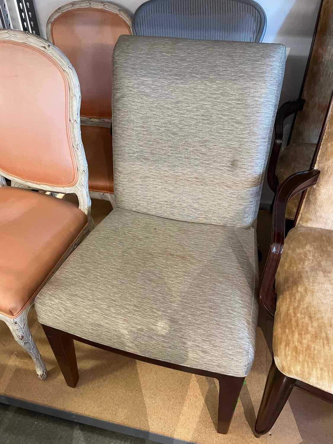 SET of 8 Gray Upholstered Dining Chairs by Bill Sofield for Baker (AS IS)