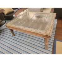 Vintage Indian Window Grate Metal & Wood Coffee Table w/ Glass Top (AS IS)