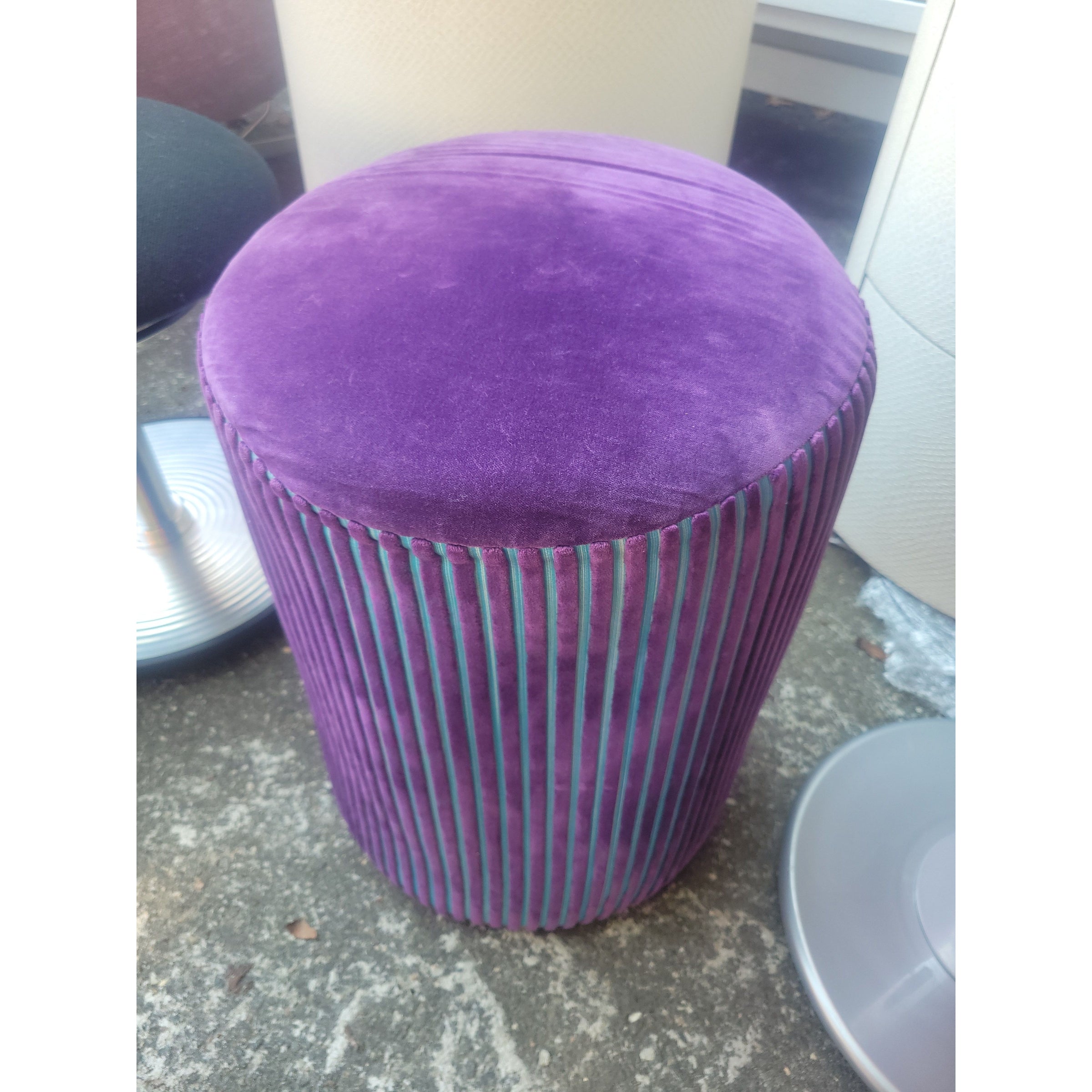 Vintage Purple & Blue Velvet Striped Chenille Upholstered Stool
