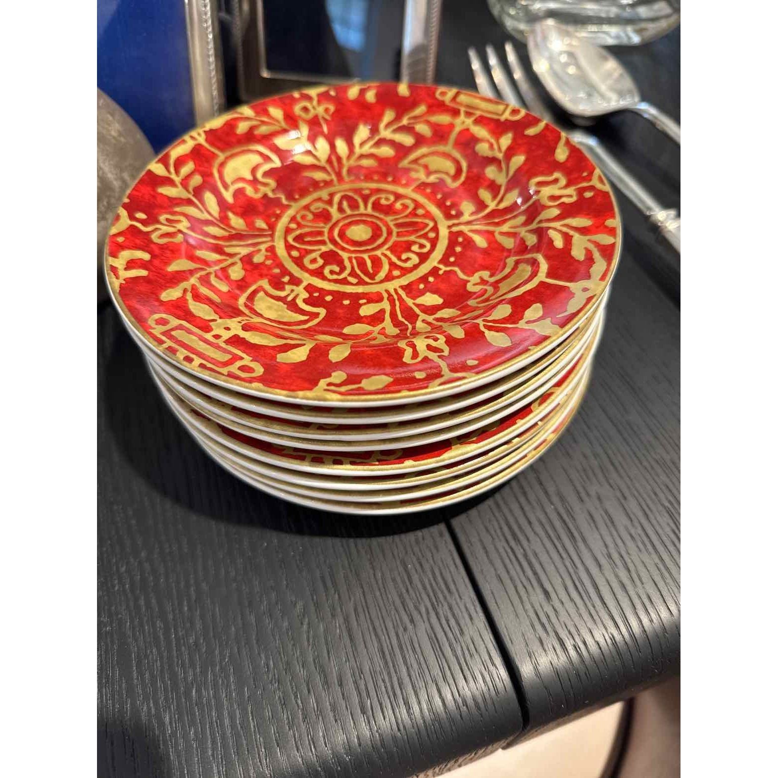 Set of Eight 222 Fifth Ave Saucers, Red & Gold