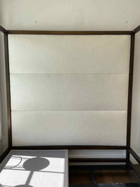 King-Sized Brassed Metal Canopy Bed Frame w/ Upholstered Headboard (AS IS)