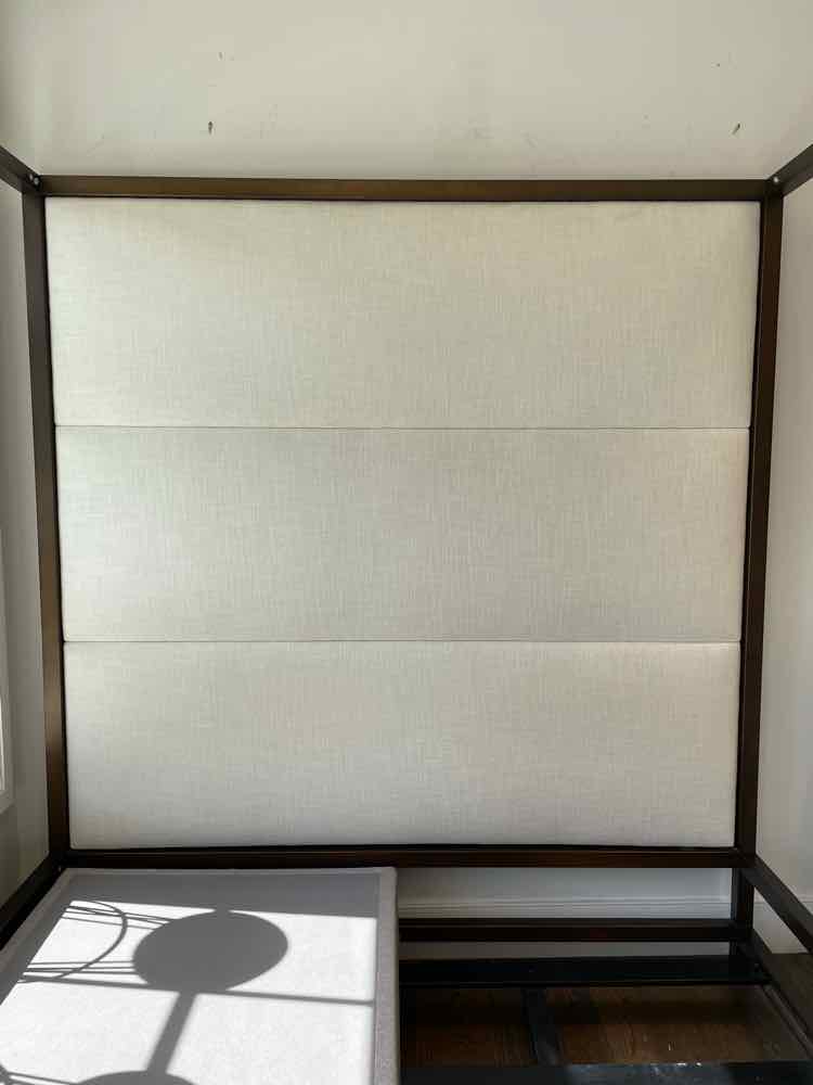 King-Sized Brassed Metal Canopy Bed Frame w/ Upholstered Headboard (AS IS)